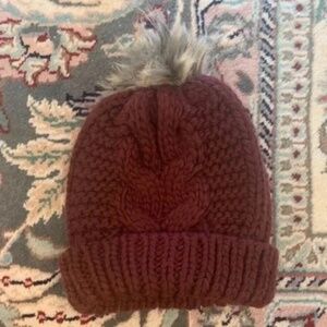 Burgundy Cable Knit Topshop Pom Fur Beanie Hat